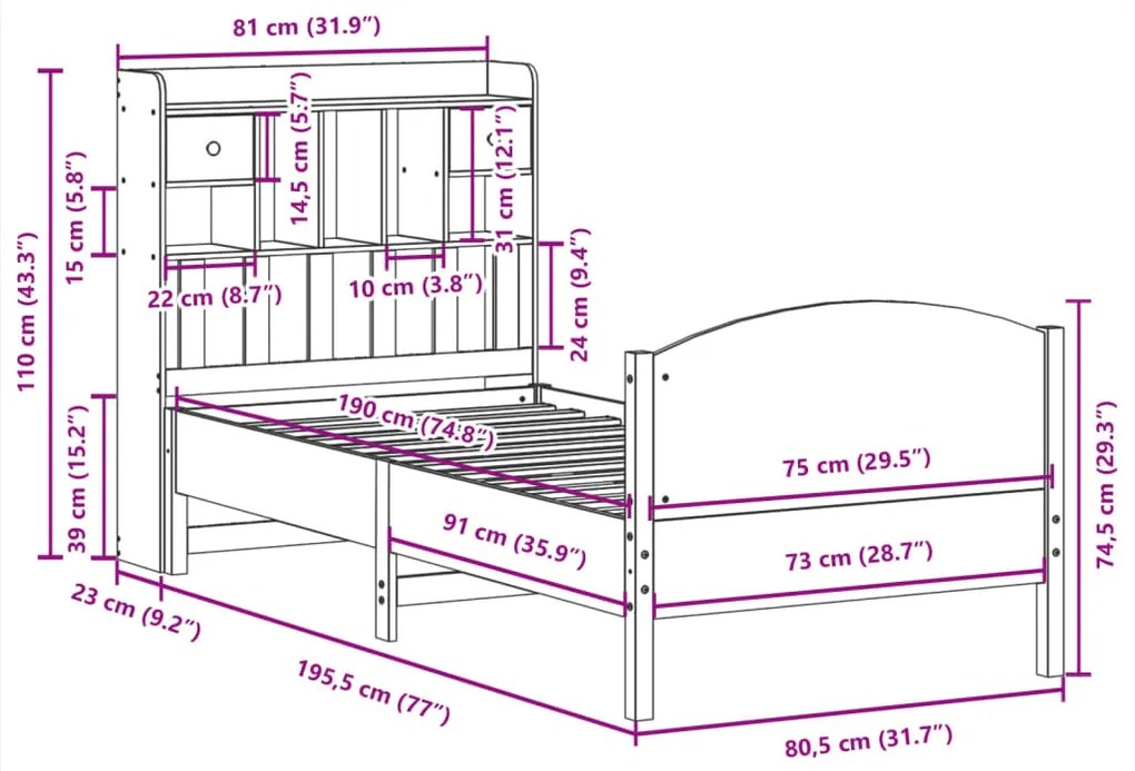 Cama com estante sem colchão 75x190 cm pinho maciço