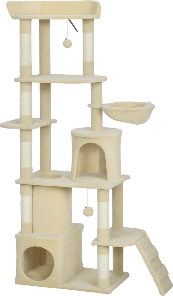 PawHut Arranhador para Gatos Grande com 7 Postes 1 Túnel 3 Plataformas 2 Cavernas 1 Rede 1 Poleiro 1 Rampa Pompons 60x40x170 cm Bege | Aosom Portugal