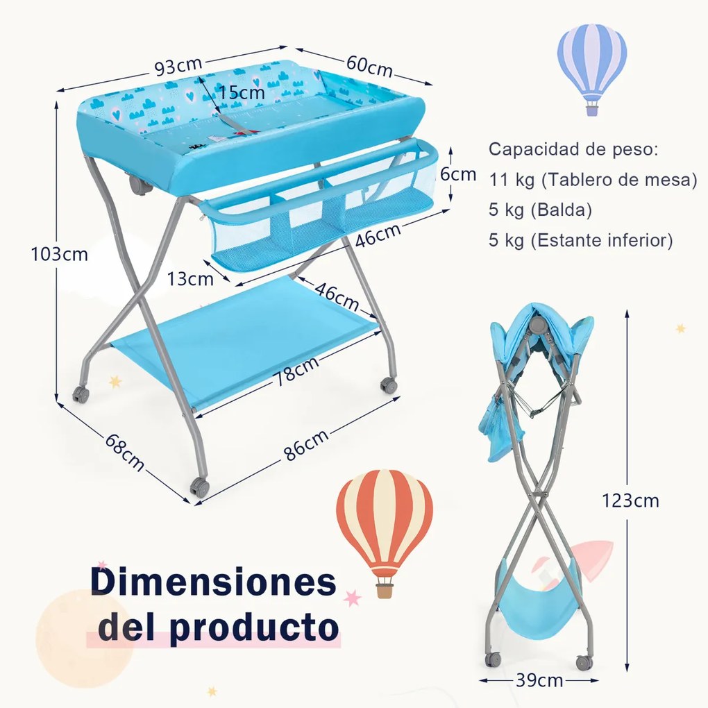 Mesa muda-fraldas para crianças com rodas dobráveis com fecho Mesa Trocador com cesto grande 93 x 68 x 103 cm azul