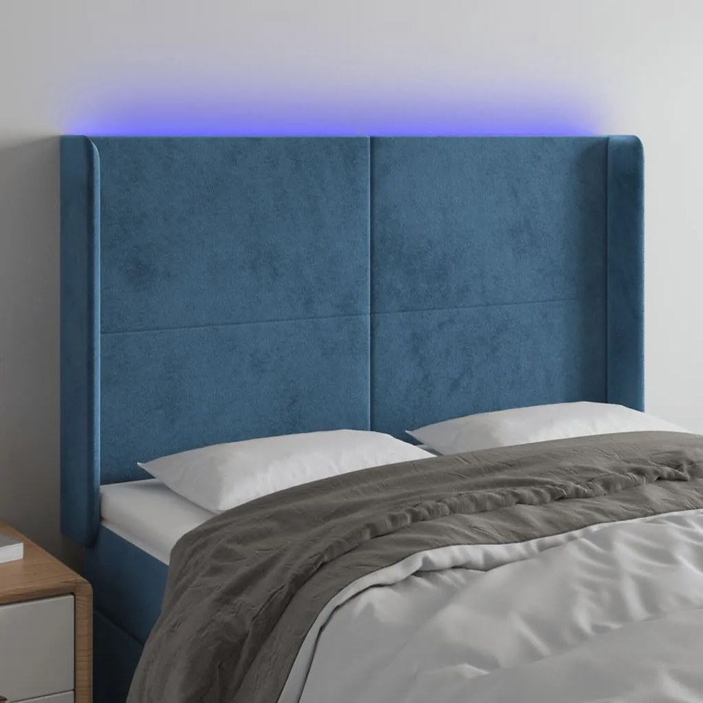 Cabeceira cama c/ luzes LED veludo 147x16x118/128cm azul-escuro