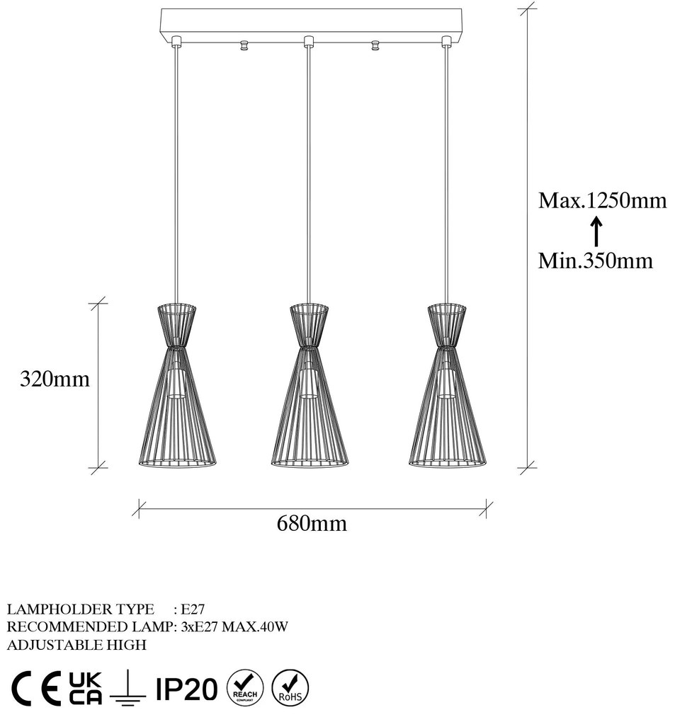 Chandelier Teltom – Preto Antigo – 68 x 15 x 125 cm