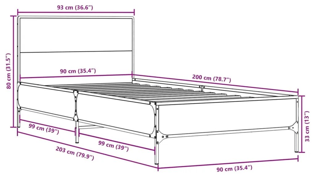 Estrutura de cama 90x200 cm derivados de madeira/metal preto