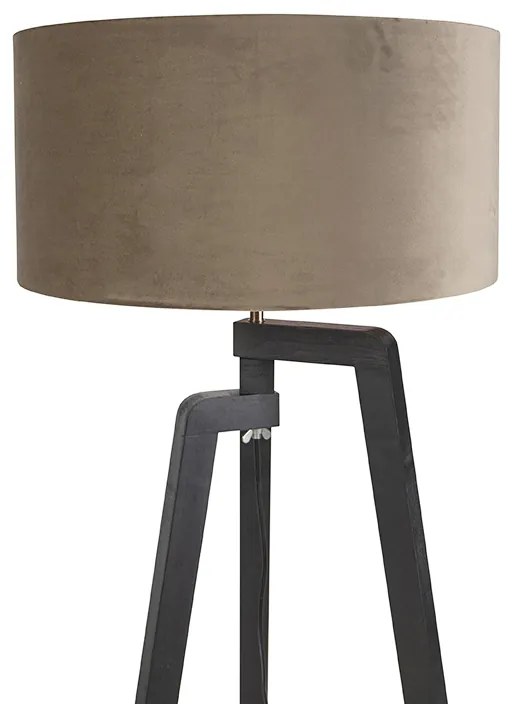 Candeeiro de pé tripé preto com cúpula bege e dourado 50 cm - Puros Country / Rústico