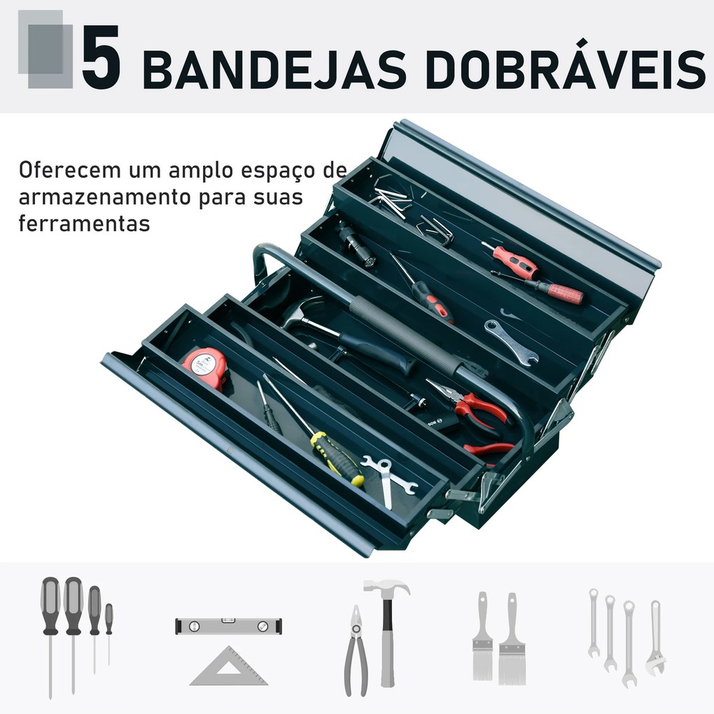 Caixa de Ferramentas de Aço Dobrável com 5 Compartimentos Mala de Ferramentas com Pega para Oficina e Casa 45x20x34,5 cm Verde