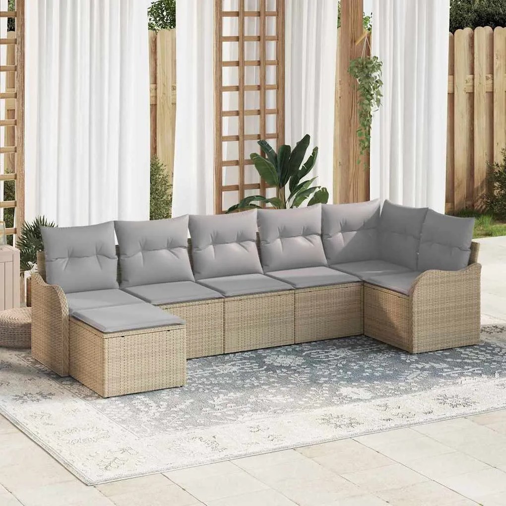 vidaXL Conjunto de Sofá de Jardim com 7 Peças e Almofadas em Polirattan Bege
