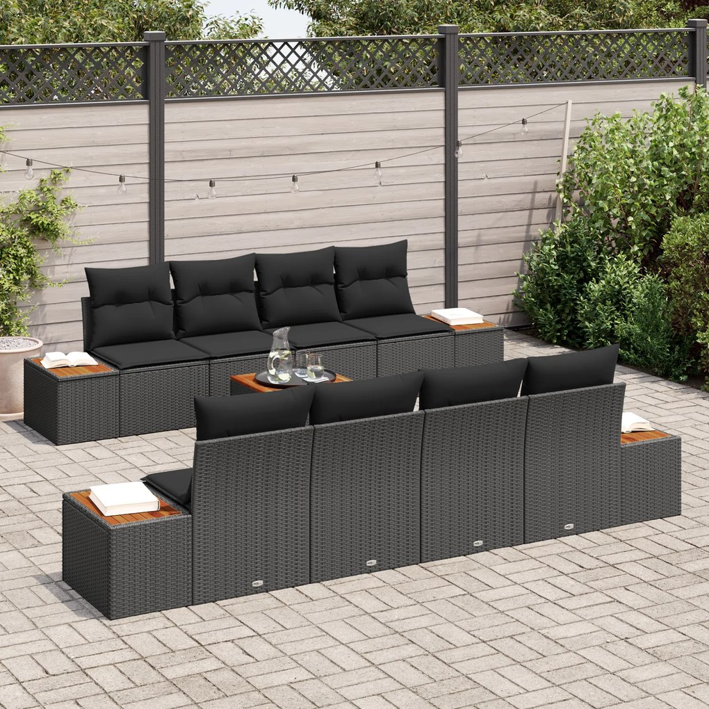 Conjunto de Sofá de Jardim vidaXL 9 Peças com Almofadas Preto Rattan A