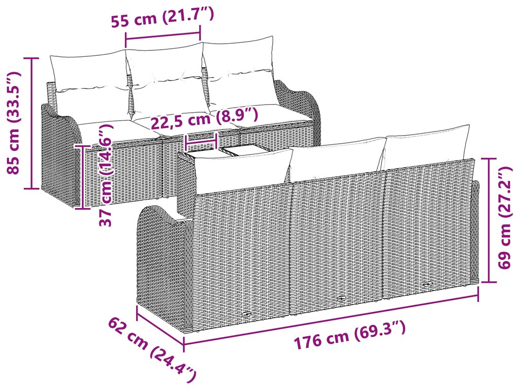 Conjunto de Sofá Jardim de 7 Peças com Almofadas Castanho Rattan Poly,