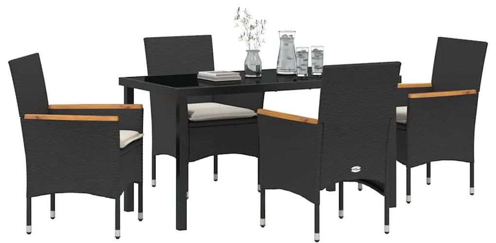 Conjunto de Jantar de Jardim de 5 Peças com Almofadas Pretas em Rattan