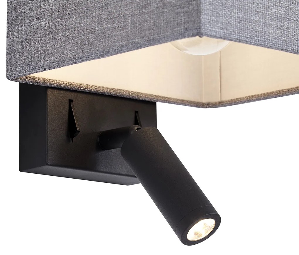 LED Candeeiro de parede moderno preto com quadrado cinzento e luz de leitura - Puglia Moderno