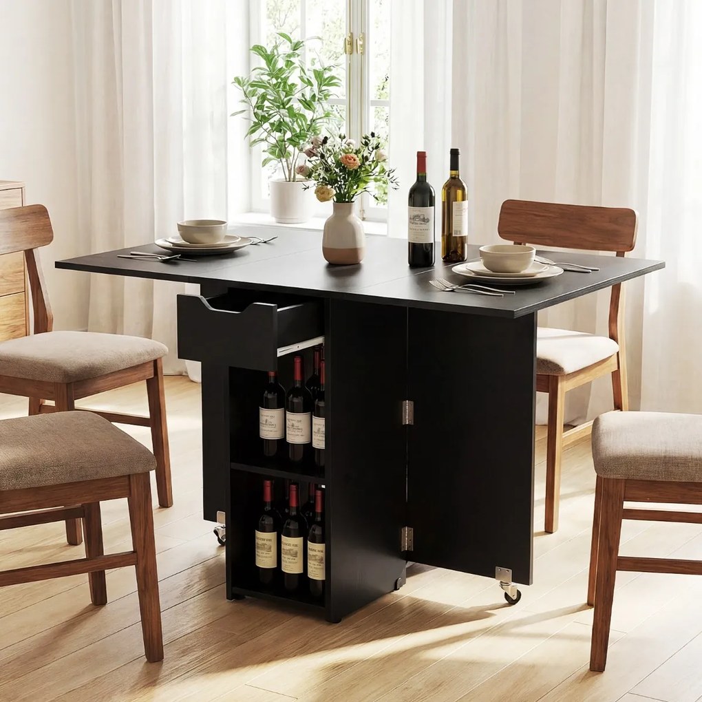 Mesa de jantar extensível 120 x 72 x 75 cm com 2 rodas; mesa de cozinha dobrável com prateleira, gaveta de 2 compartimentos e abas rebatíveis Preta