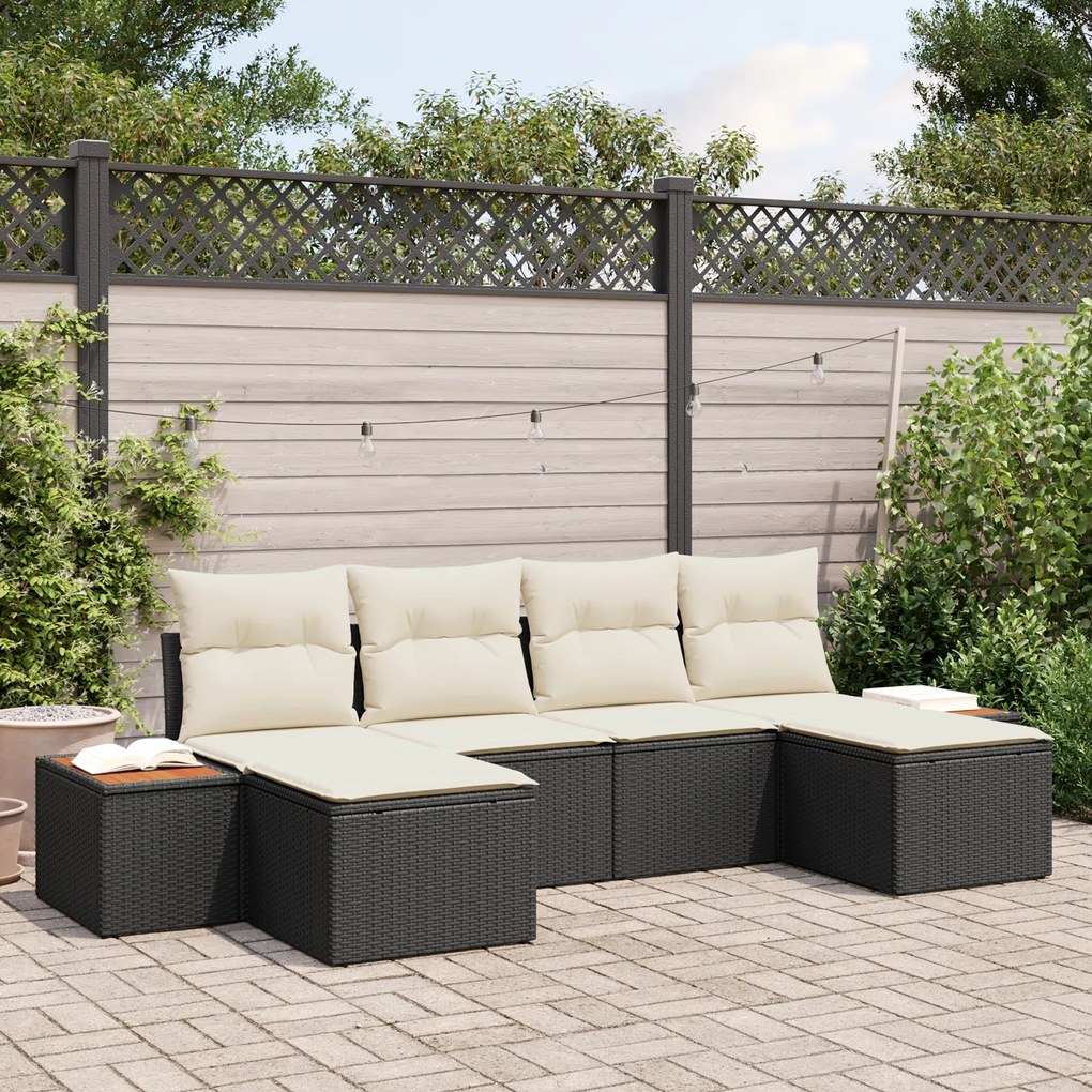 Conjunto de Sofás de Jardim de 6 Peças com Almofadas Preto Rattan Poli