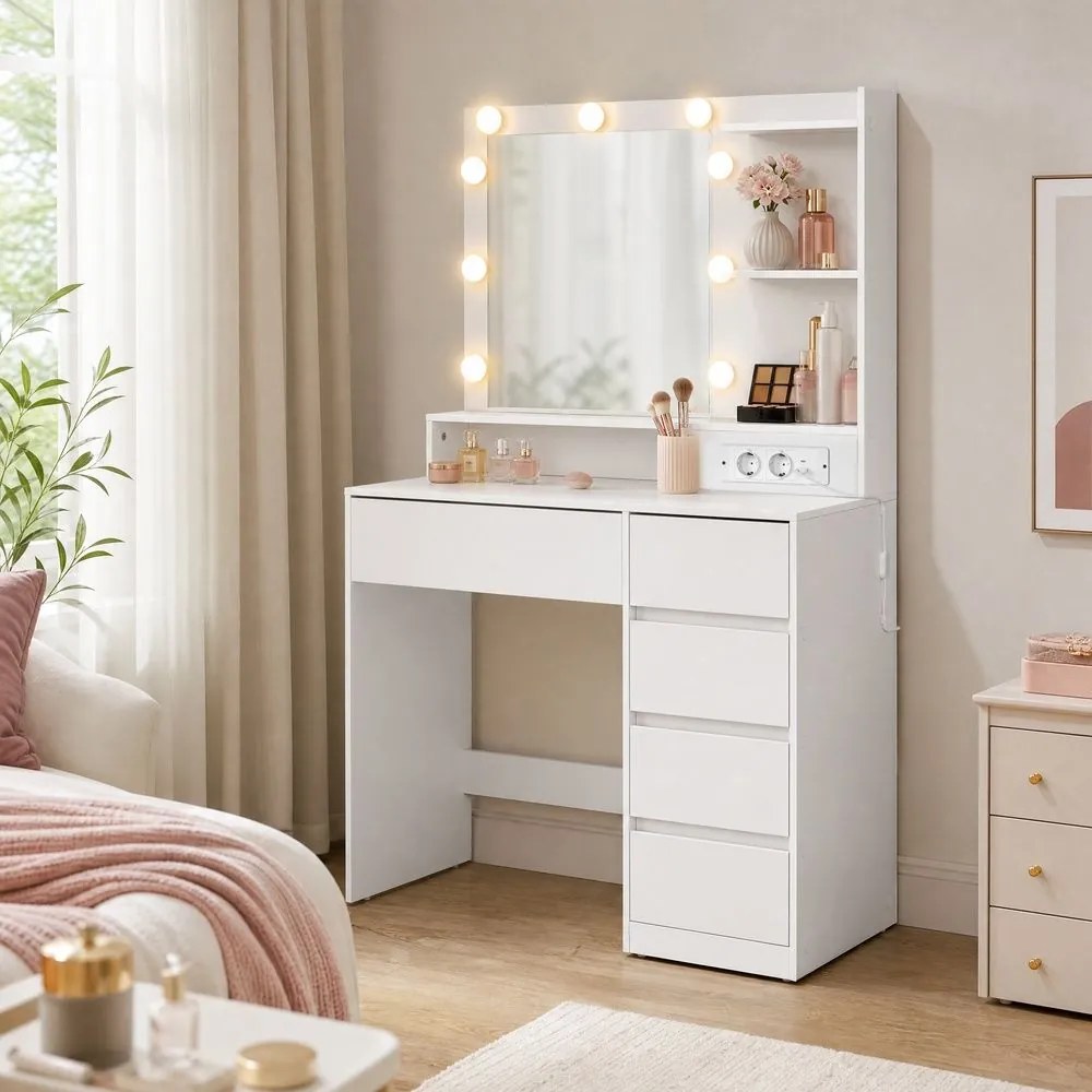 Toucador com espelho 80 x 40 x 144,3 cm, iluminação LED, tomada e 5 gavetas, branco
