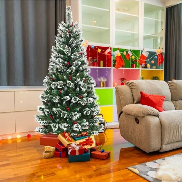 Árvore de Natal 1,8 m com neve e sem iluminação, fácil de montar, 100% PVC, perfeita como decoração Verde