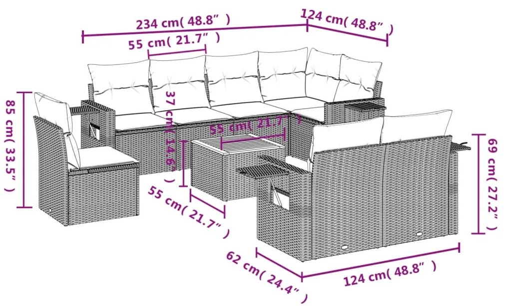 9 pcs conjunto de sofás p/ jardim com almofadões vime PE bege