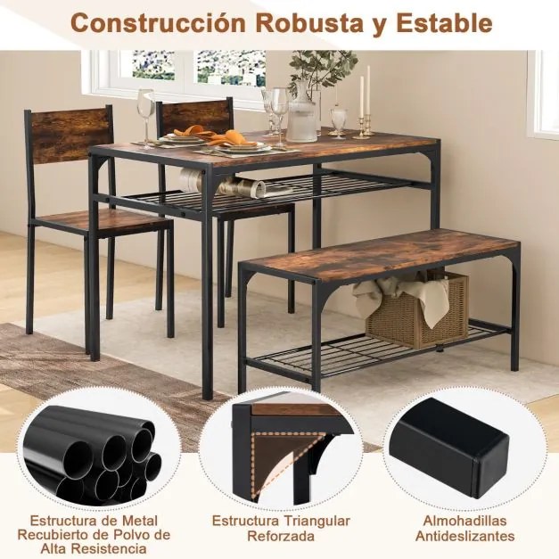 Conjunto de mesa de 2 cadeiras e um banco de jantar com estrutura em metal e prateleira moderna, para sala de jantar e cozinha castanho