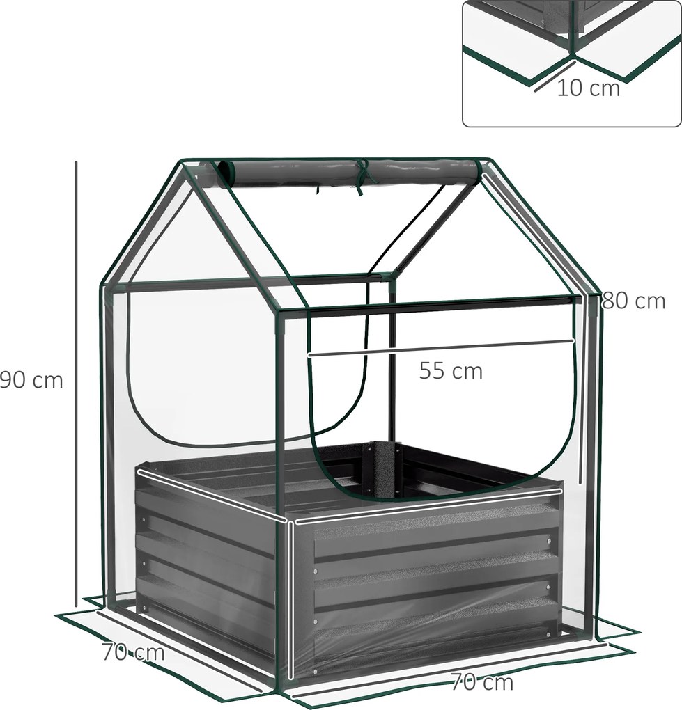Floreira de horta com mini-estufa, floreira elevada em aço galvanizado, 70 x 70 x 90 cm, cinzento escuro