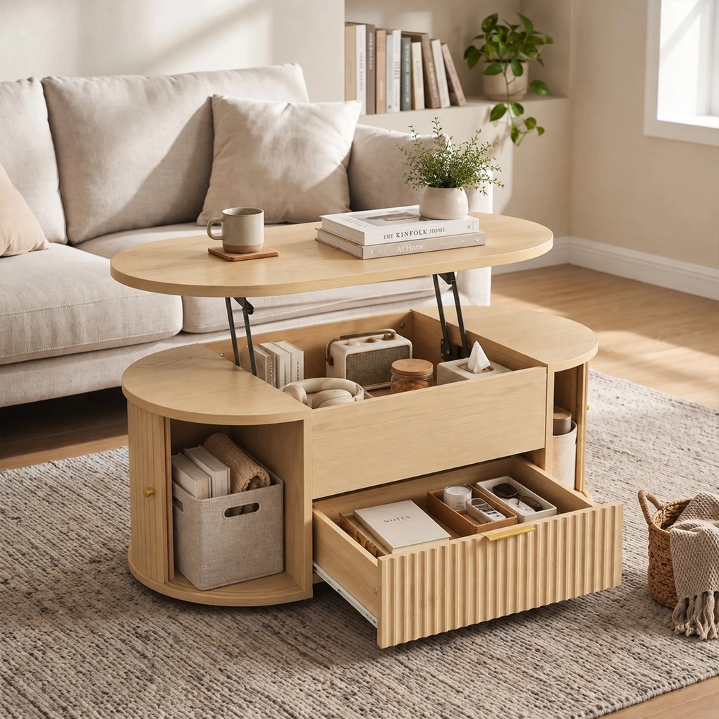 Mesa de Centro com Tampo Elevatório Oval Compartimento Oculto Gaveta Canelada Portas de Correr e Armários 100x50x40 cm Cor Carvalho