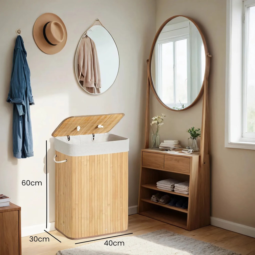 Cesto para roupa em bambu de 72 L, 40 x 30 x 60 cm cor natural