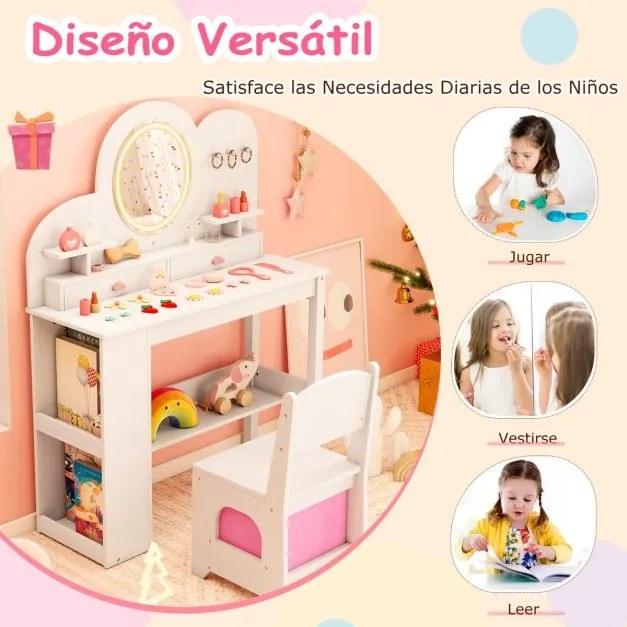 Toucador infantil com luzes e cadeira de princesa com 2 gavetas e Estante de 2 níveis, 3 ganchos e 2 prateleiras abertas Branco