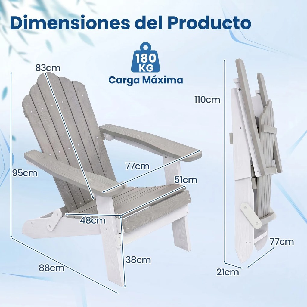 Conjunto de 2 Cadeiras Adirondack Dobráveis, 88 x 77 x 95 cm, Apoios de Braços Largos, Cinzento