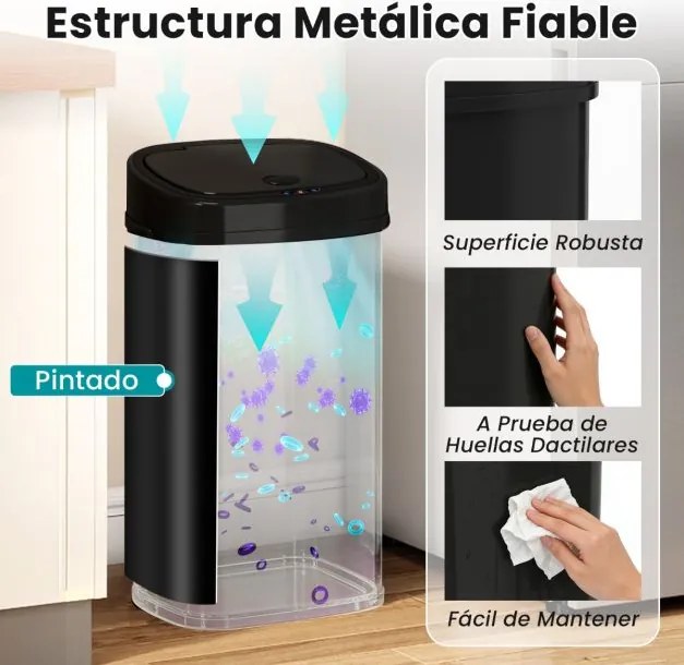 Caixote do lixo de 58 L com sensor de movimento por infravermelhos e design de zona dupla Tampa com abertura permanente e fecho preto