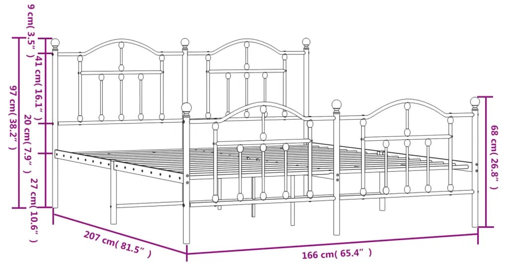 Estrutura de cama com cabeceira e pés 160x200 cm metal branco