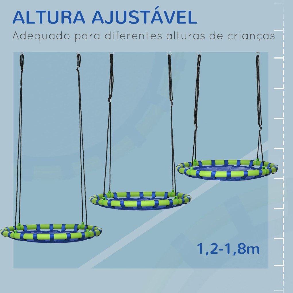 Baloiço Infantil Ninho com Altura Ajustável Baloiço Redondo para Crianças de 3-8 Anos Carga Máxima 150 kg para Exterior Ø100x120-180 cm Azul