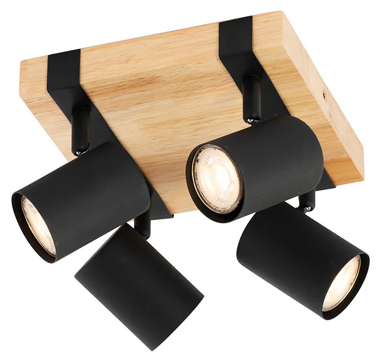 Candeeiro de teto preto com madeira 4 luzes ajustável retangular - Jeana Moderno,Industrial