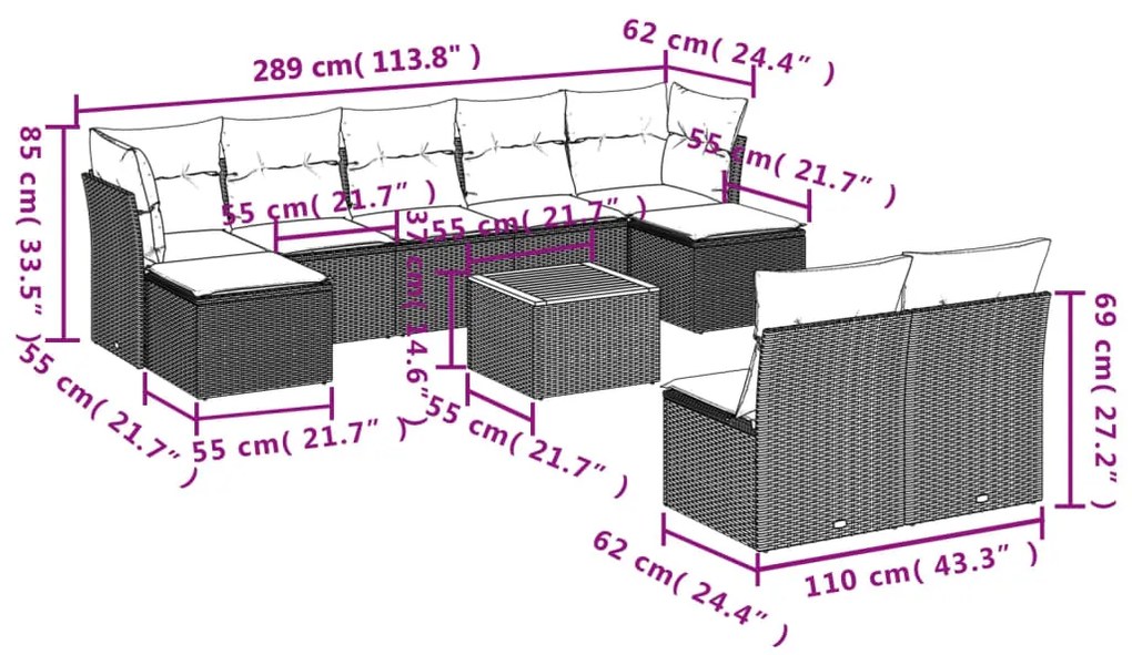 10 pcs conjunto sofás de jardim c/ almofadões vime PE cinzento