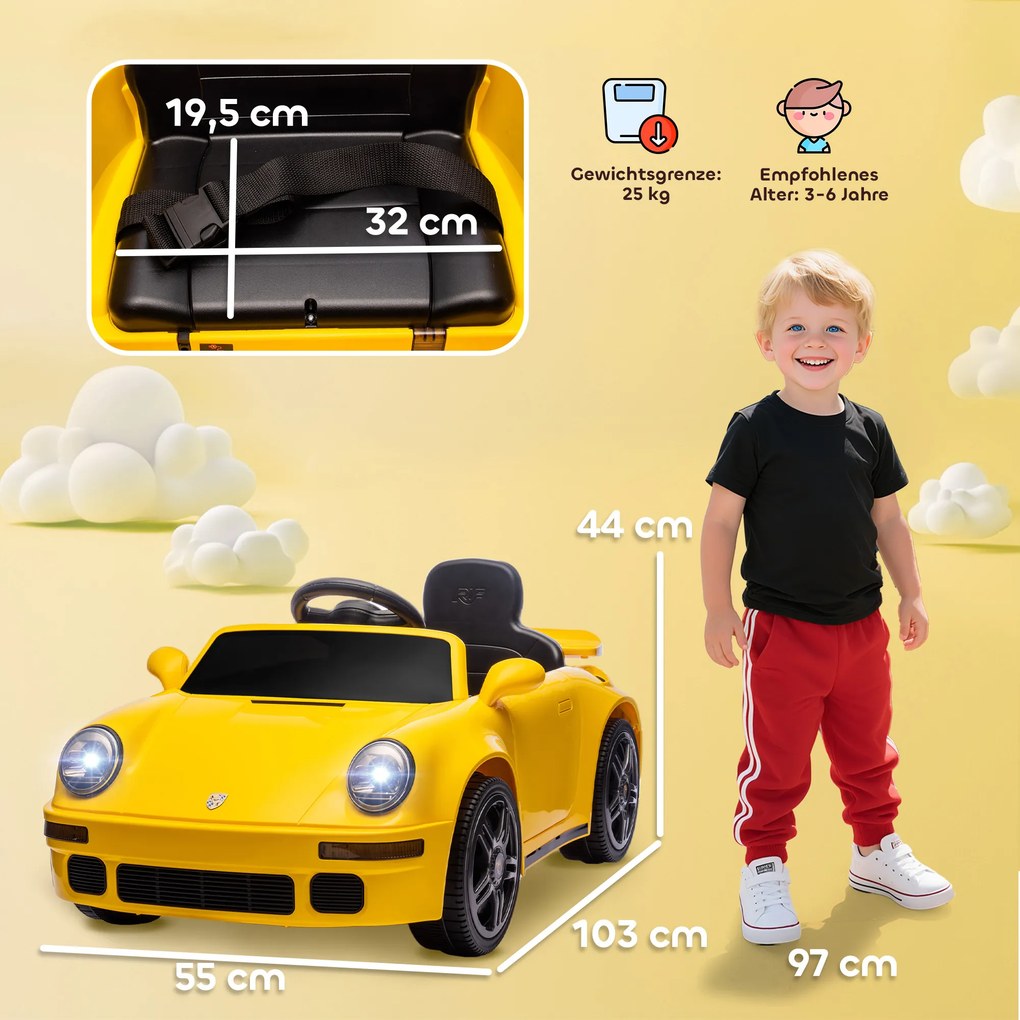 Carro elétrico para crianças, veículo elétrico de 12 V, comando à distância de 2,4 GHz, faróis, música, buzina, 103 x 55 x 44 cm, amarelo