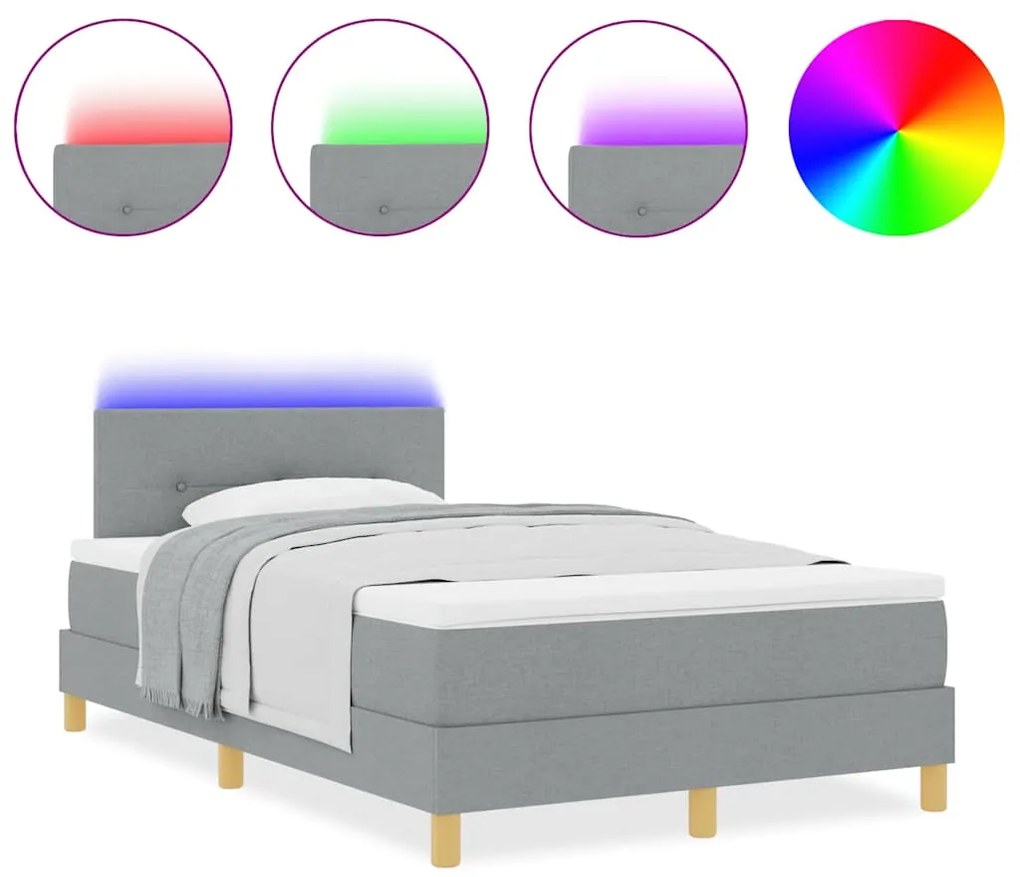 Cama Box Spring com Colchão &amp; LED Cinza Claro 120x200 cm Tecido