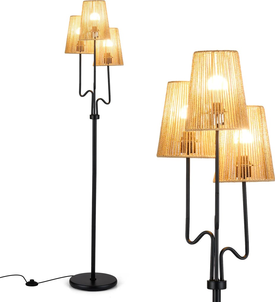 Candeeiro de pé com 3 luzes e 3 abajures de papel tecido estilo boho, base pesada, interruptor no pé, lâmpadas E27 não incluídas Preto
