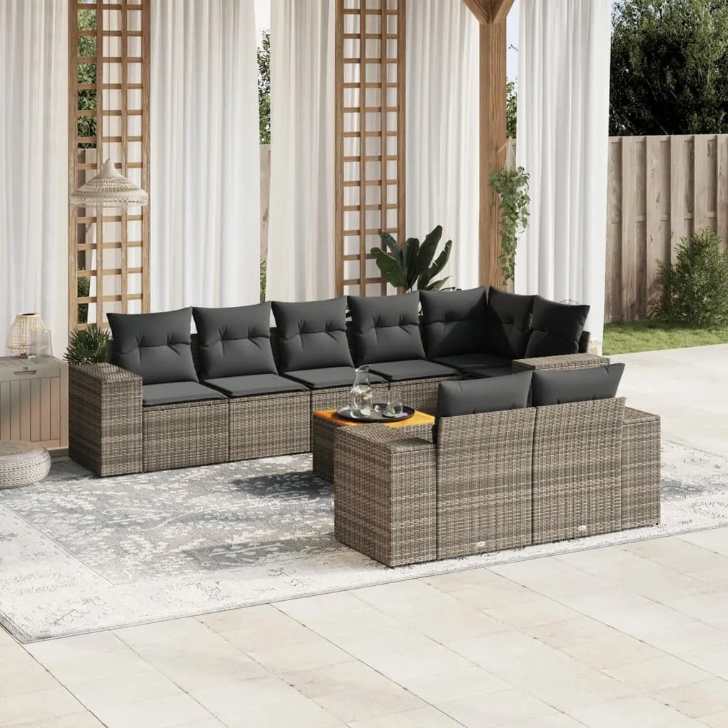 vidaXL 9 pcs conjunto sofás p/ jardim com almofadões vime PE cinzento