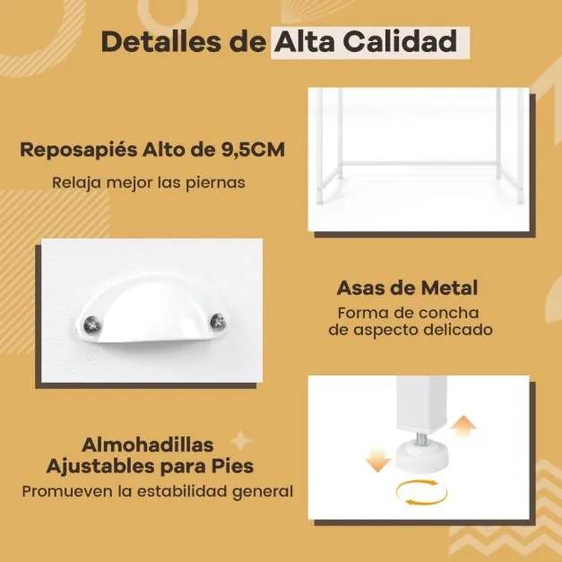 Secretária compacta com 2 gavetas em tecido, 4 ganchos para pendurar e estrutura em metal 90 x 45 x 75 cm Branca