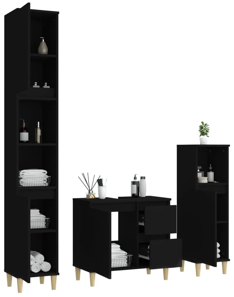 3 pcs conjunto móveis casa de banho derivados de madeira preto