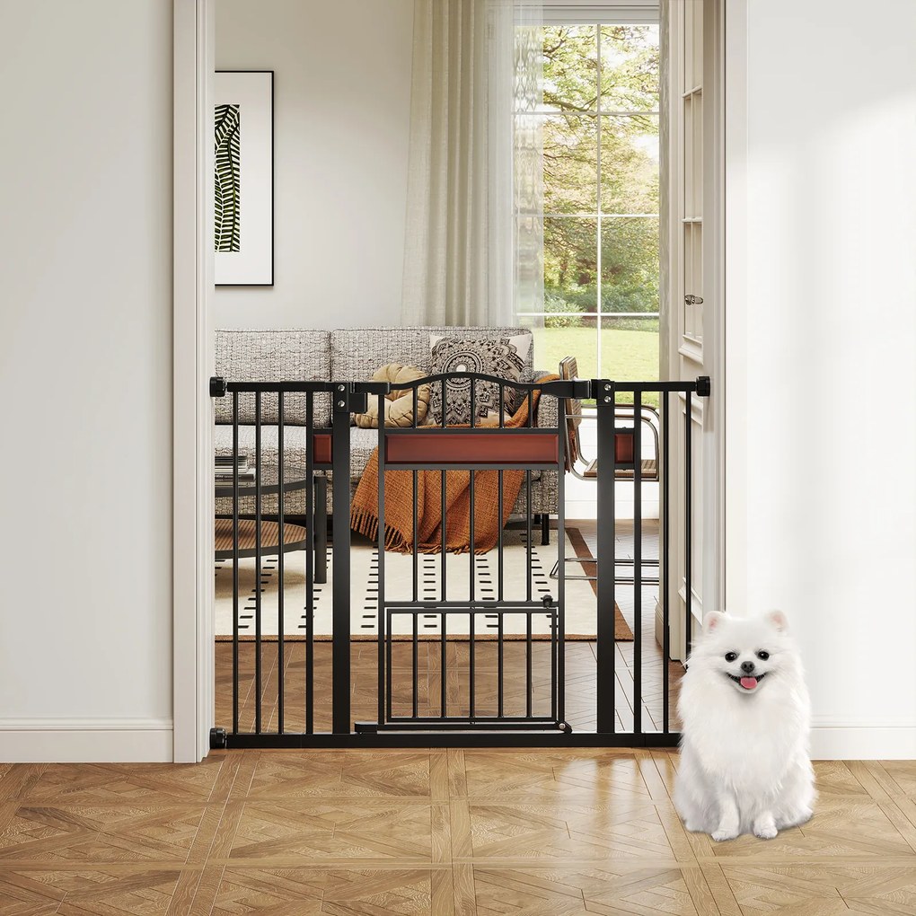 Grelha de proteção para cães 74-104 cm x 76 cm, grelha para porta sem perfuração,com porta pequena, preta