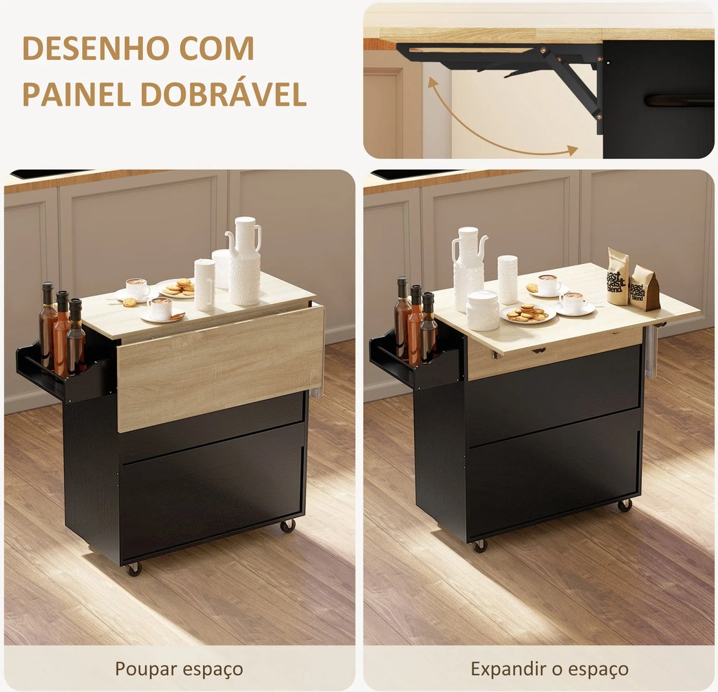 Ilha de Cozinha com Rodas Carrinho de Cozinha com Lateral Dobrável 2 P