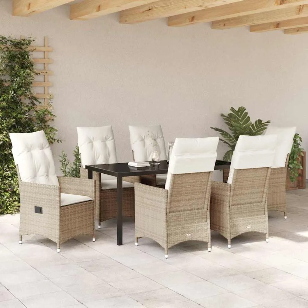 Conjunto de Jantar de Jardim com 7 Peças e Almofadas, Bege Rattan