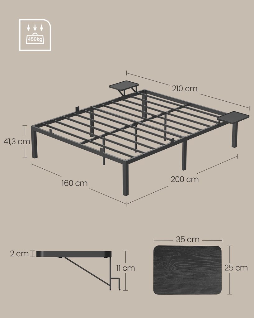 Estrutura metálica para cama de casal 160 x 200 cm com prateleiras para arrumação preto clássico