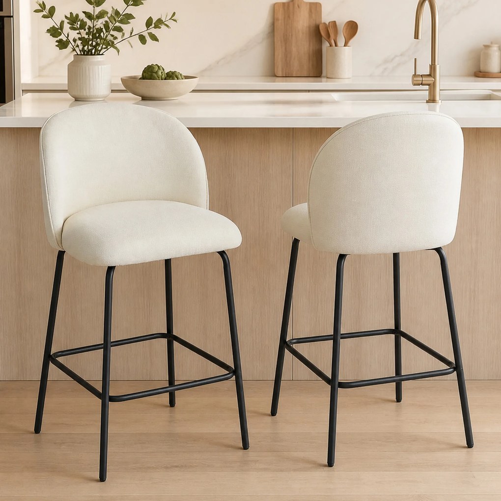 Conjunto de 2 Bancos de Bar, 55 x 50 x 93 cm, Encosto Ergonómico, Creme