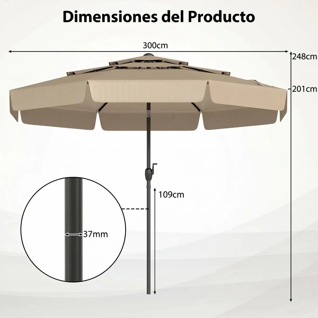 Guarda-sol de 300 cm com teto ventilado (BASE NÃO INCLUIDA), 3 níveis de folhas, inclinação ajustável por manivela e 8 varas – para jardim, piscina e