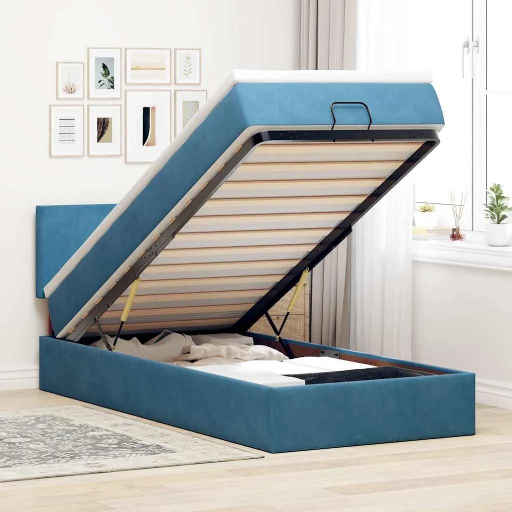 Estrutura de cama otomana com colchão azul escuro Veludo
