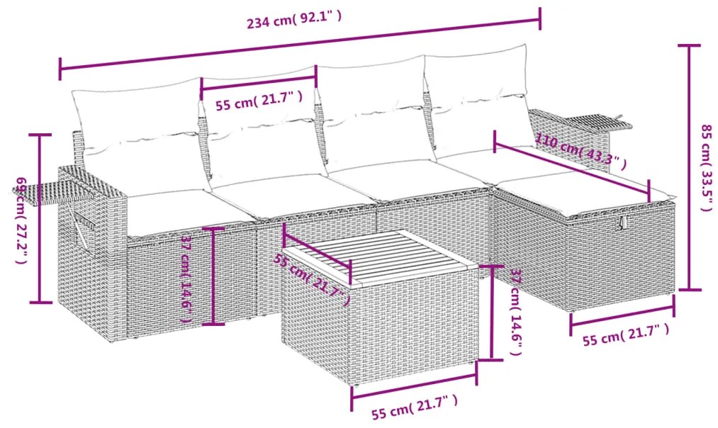 6 pcs conjunto sofás de jardim c/ almofadões vime PE preto