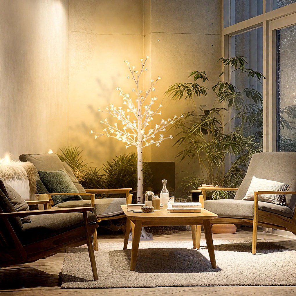 Árvore Cerejeira com 120 Luzes LED IP44 Banco Quente com Luz Ajustável em 3 Modos 21x21x150 cm Branco