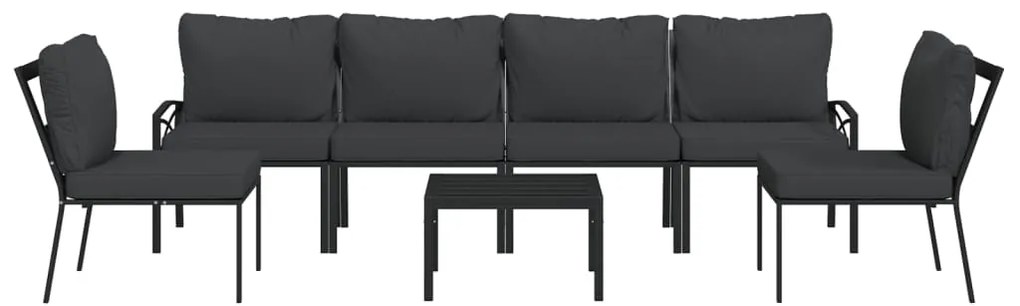 7 pcs conjunto lounge de jardim aço c/ almofadões cinzentos