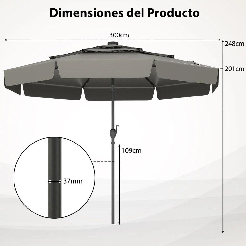 Guarda-sol solar de 300 cm com 32 luzes LED, parte superior ventilada com 3 níveis e ajuste de inclinação - cinzento