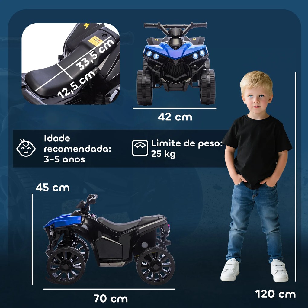 Moto 4 Elétrico para Crianças 6 V para Crianças com Velocidade até 3 km/h Faróis e Música 70x42x45 cm Azul