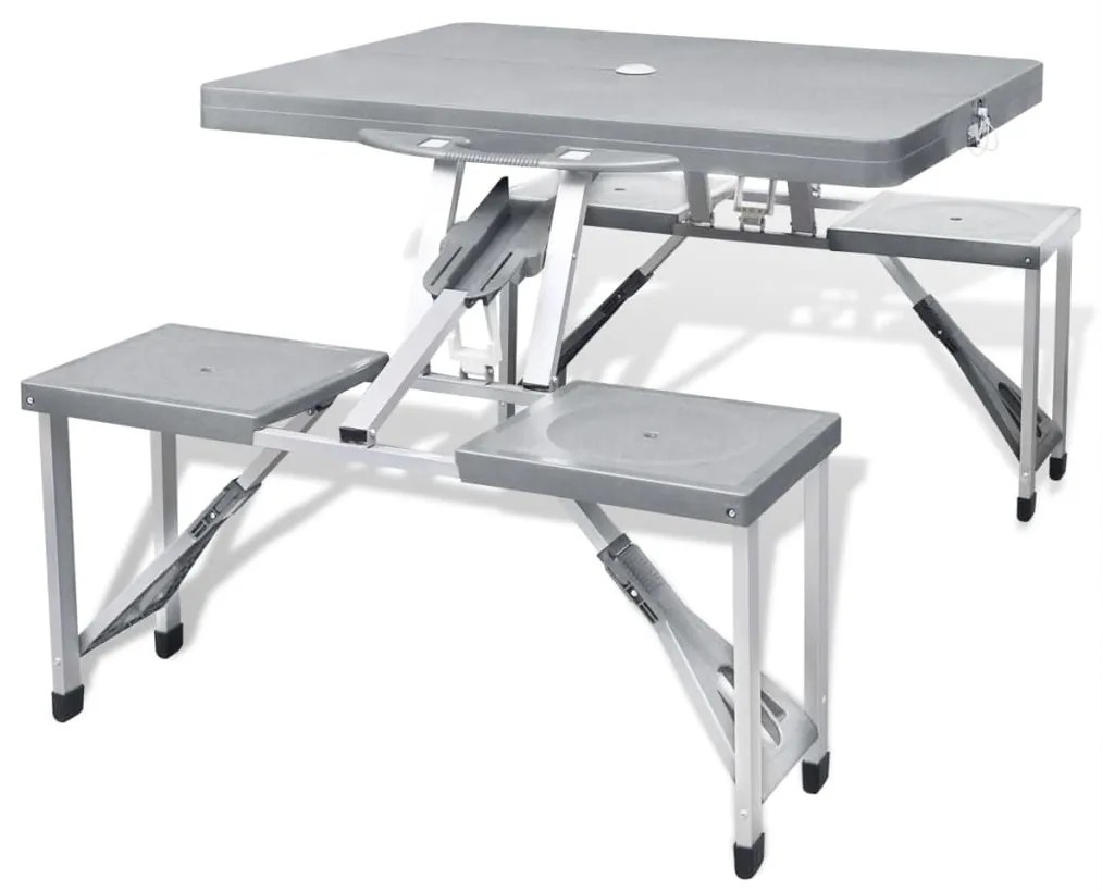 vidaXL Conjunto mesa campismo c/ 4 bancos alumínio extra cinza-claro