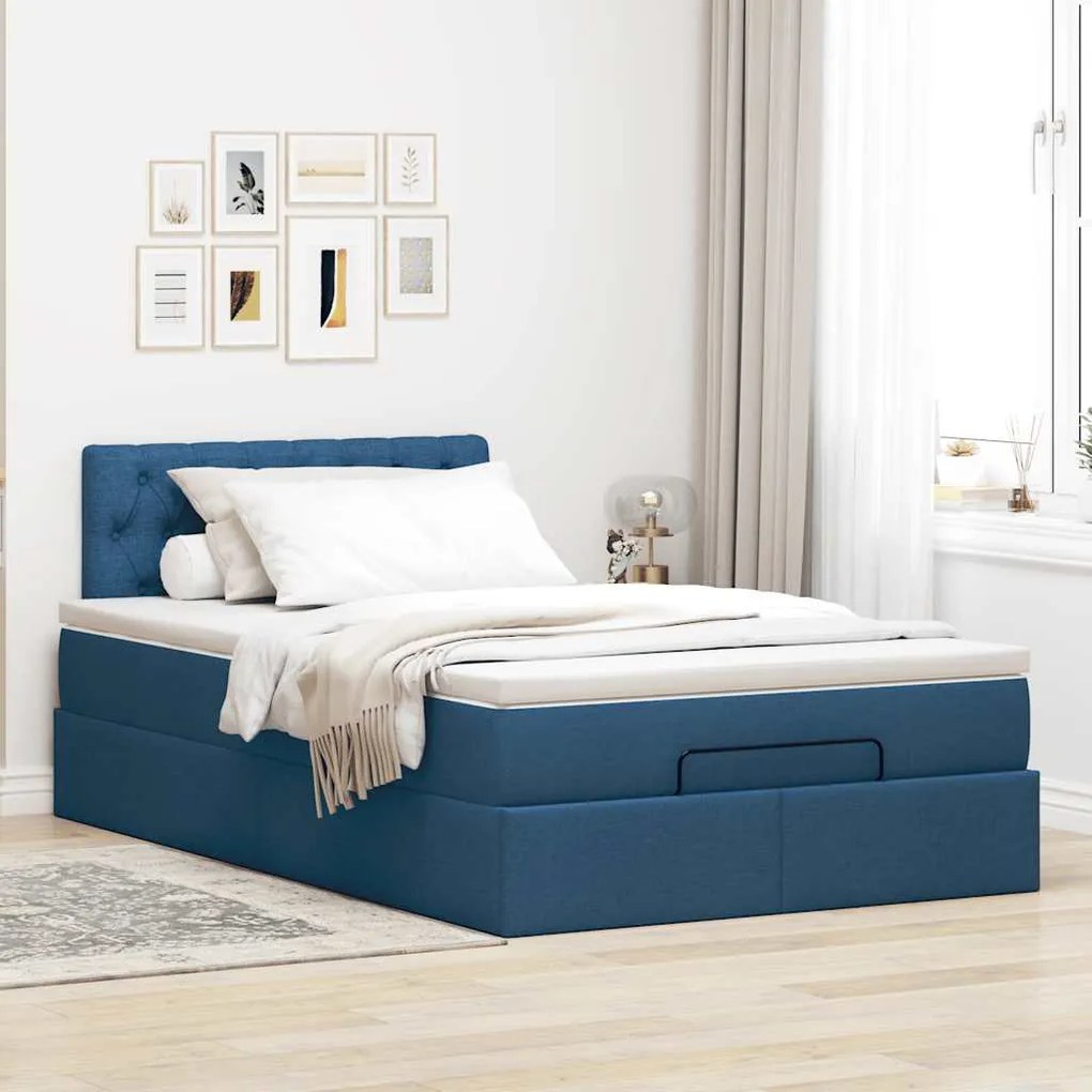 Estrutura de cama otomana com colchão 120x200 cm tecido azul