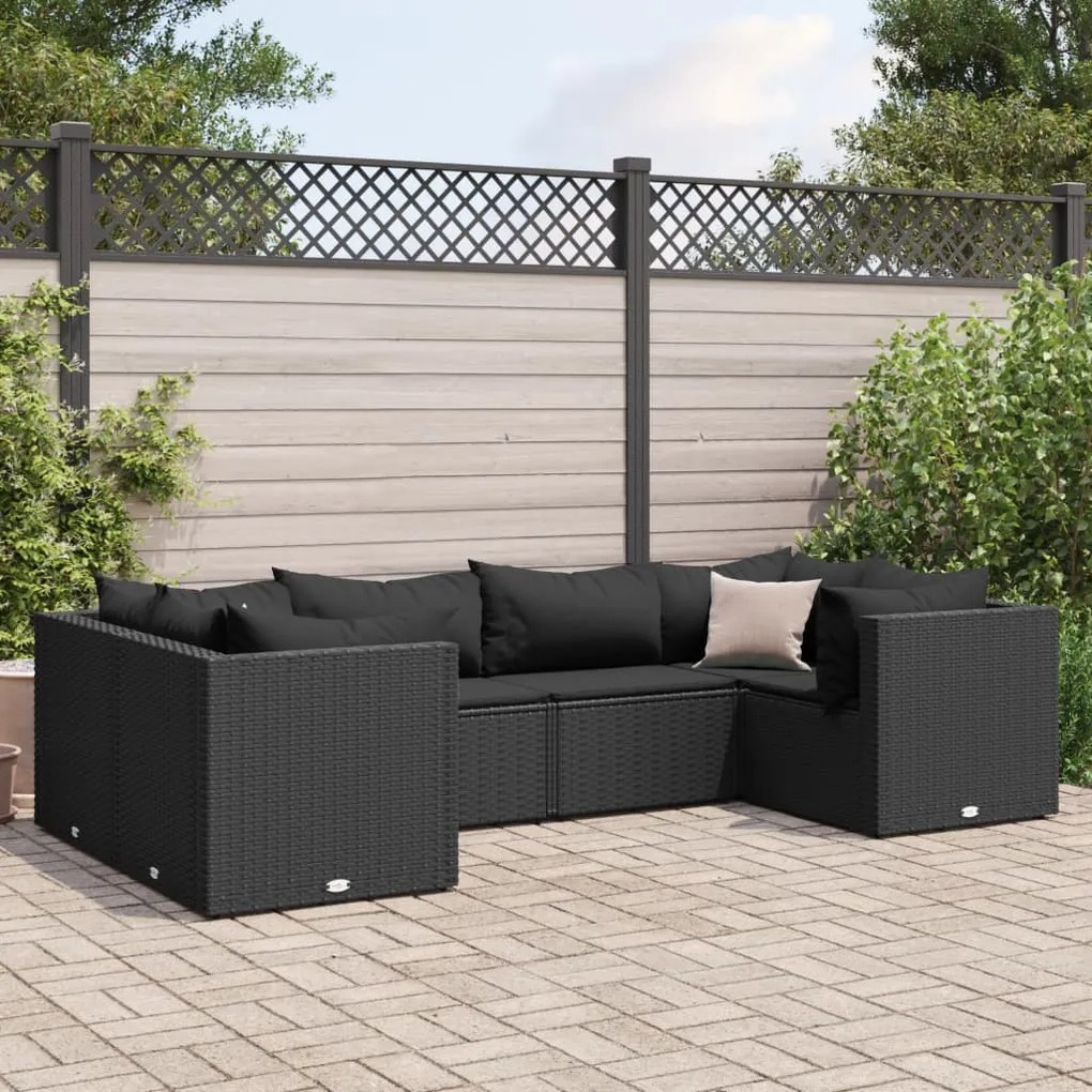 6 pcs conjunto lounge de jardim c/ almofadões vime PE preto